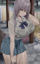 Rule 34 | 1girl, artist name, black bra, blue bow, blue bowtie, blue skirt, bow, bowtie, bra, bra visible through clothes, breasts, brown eyes, closed mouth, collared shirt, commentary request, grey hair, highres, large breasts, long hair, looking at viewer, miniskirt, oekakizuki, one eye closed, original, outdoors, pleated skirt, rain, see-through, shirt, shirt tucked in, short sleeves, skirt, solo, thighs, underwear, wet, white shirt