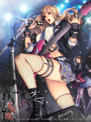 Rule 34 | 3girls, amplifier, band, bass guitar, belt, boots, bracelet, breasts, brown hair, dated, electric guitar, fishnets, furyou michi ~gang road~, guitar, high heel boots, high heels, instrument, jacket, jewelry, lots of jewelry, love cacao, microphone, midriff, multiple girls, music, nail polish, necktie, punk, red eyes, ring, school uniform, singing, solo focus, spiked bracelet, spikes, thighhighs, tsukagoshi misora