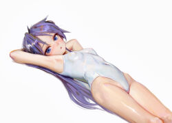 Rule 34 | 1girl, absurdres, arms up, blue eyes, blue hair, covered erect nipples, covered navel, highres, hiiragi kagami, looking at viewer, lucky star, lying, on back, one-piece swimsuit, solo, sweetonedollar, swimsuit, white one-piece swimsuit