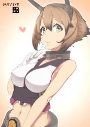Rule 34 | 10s, 1girl, 2016, bare shoulders, breasts, brown hair, dated, gloves, gradient background, green eyes, headgear, heart, highres, index finger raised, kantai collection, large breasts, looking at viewer, midriff, mku, mutsu (kancolle), navel, open mouth, short hair, solo, upper body, white gloves