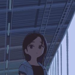 Rule 34 | 1girl, black shirt, blue jacket, brown eyes, brown hair, ceiling, closed mouth, commentary, highres, jacket, long hair, looking at viewer, muji (uimss), original, shirt, short sleeves, solo, train station platform, upper body