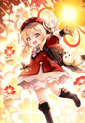 Rule 34 | 1girl, :d, ahoge, backpack, bag, bag charm, blonde hair, bloomers, blush, boots, brown footwear, brown gloves, cabbie hat, charm (object), commentary request, dress, explosion, feathers, genshin impact, gloves, hair between eyes, hat, hat feather, highres, kito (sorahate), klee (genshin impact), knee boots, kneehighs, long hair, long sleeves, low twintails, open mouth, outstretched arm, pointy ears, puffy long sleeves, puffy sleeves, red dress, red eyes, red hat, ribbed legwear, smile, socks, solo, standing, standing on one leg, teeth, twintails, underwear, upper teeth only, white bloomers, white feathers, white socks