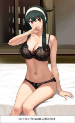 Rule 34 | 1girl, a1 (initial-g), black bra, black hair, black panties, bra, breasts, closed mouth, hairband, hand to own mouth, hand up, lace, lace-trimmed bra, lace trim, large breasts, measurements, navel, on bed, panties, red eyes, sidelocks, sitting, solo, spy x family, stomach, thighs, three sizes, underwear, underwear only, white hairband, window, yor briar