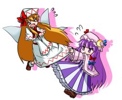 Rule 34 | &gt; &lt;, 2girls, :&lt;, blonde hair, bow, chibi, crescent, dress, closed eyes, hair bow, hat, lily white, long hair, md5 mismatch, multiple girls, open mouth, patchouli knowledge, pulling, purple eyes, purple hair, resized, ribbon, sumiya nadateru, touhou, wings