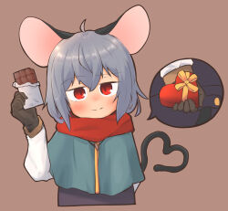 Rule 34 | 1girl, ahoge, animal ears, blush, box, brown background, brown gloves, candy, capelet, chocolate, chocolate bar, closed mouth, commentary request, food, gloves, green capelet, greenpiecerice, grey hair, grey vest, hair between eyes, heart, heart-shaped box, heart tail, highres, long bangs, long sleeves, looking at viewer, mouse ears, mouse girl, mouse tail, nazrin, red eyes, red scarf, scarf, shirt, short hair, simple background, smile, solo, split mouth, tail, touhou, upper body, vest, white shirt