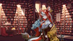Rule 34 | adjusting eyewear, animal ears, blue eyes, blurry, blurry background, book, chair, english text, glasses, gloves, hakos baelz, highres, hilda, holding, holding book, hololive, hololive english, key, library, mouse ears, mouse girl, mouse tail, mousetrap, mr. squeaks (hakos baelz), multicolored hair, necktie, quasarcake, red hair, ribbon, round eyewear, single glove, sitting, tail, tail ornament, tail ribbon, virtual youtuber, white hair