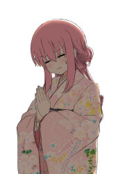 Rule 34 | 1girl, artist request, bocchi the rock!, closed eyes, cowboy shot, cube hair ornament, female focus, floral print, floral print kimono, gotoh hitori, hair ornament, highres, japanese clothes, kimono, pink hair, pink kimono, praying, simple background, solo, standing, white background