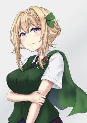 Rule 34 | 1girl, absurdres, blonde hair, blouse, blue necktie, blush, braid, braided bun, breasts, cape, green cape, grey background, hair between eyes, hair bun, highres, kantai collection, large breasts, light smile, monoku, necktie, perth (kancolle), purple eyes, shaded face, shirt, short hair, simple background, solo, white shirt
