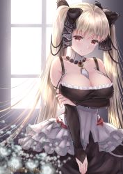 Rule 34 | 1girl, arm under breasts, artist name, azur lane, backlighting, bare shoulders, between breasts, black dress, black ribbon, blurry, blush, bow, breasts, cleavage, closed mouth, commentary, cowboy shot, depth of field, detached collar, dress, flower, formidable (azur lane), frilled dress, frills, fujimori shiki, grey hair, hair ribbon, highres, indoors, large breasts, light, long hair, long sleeves, looking at viewer, red eyes, ribbon, smile, solo, twintails, two-tone dress, two-tone ribbon, very long hair, white ribbon, window