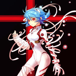 Rule 34 | 1girl, ayanami rei, bandages, blue hair, bodysuit, breasts, interface headset, neon genesis evangelion, plugsuit, red eyes, small breasts, solo