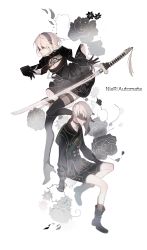 Rule 34 | 1boy, 1girl, android, black dress, black flower, black rose, black thighhighs, blindfold, blurry, breasts, cleavage, copyright name, couple, dress, expressionless, flower, gloves, hairband, highres, holding, holding sword, holding weapon, inuinushell, katana, nier (series), nier:automata, pink hair, rose, short dress, short hair, sitting, sword, text focus, thighhighs, uniform, weapon, 2b (nier:automata), 9s (nier:automata), zettai ryouiki