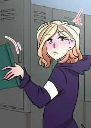 Rule 34 | 1girl, blonde hair, blush, book, down to earth, ellie (down to earth), green eyes, long hair, parted lips
