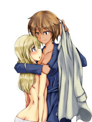 Rule 34 | 10s, 2girls, aleksandra i. pokryshkin, ass, blonde hair, blue eyes, blush, brave witches, breasts, brown eyes, brown hair, butt crack, cleavage, collarbone, dark skin, dark-skinned female, height difference, hug, isosceles triangle (xyzxyzxyz), large breasts, multiple girls, no bra, open mouth, panties, robe, smile, strike witches, underwear, waltrud krupinski, white panties, world witches series, yuri