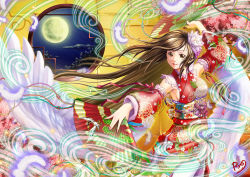 Rule 34 | 1girl, 2017, arm above head, armpits, breasts, brown eyes, brown hair, cherry blossoms, cloud, dated, detached sleeves, fan dancing, feathers, floral print, flower, folding fan, full moon, hair flower, hair ornament, hand fan, japanese clothes, kimono, large breasts, light smile, light trail, lips, lipstick, long hair, looking at viewer, lotus, makeup, moon, nail polish, night, original, pink nails, red lips, ryos-room-eden, sideboob, signature, solo, thighhighs, very long hair, white thighhighs, window