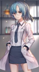 Rule 34 | 1girl, blue hair, blue necktie, blue skirt, blurry, blurry background, closed mouth, collared shirt, cowboy shot, depth of field, glasses, highres, kotoribako, lab coat, long sleeves, looking at viewer, miniskirt, mole, mole under eye, necktie, original, pencil skirt, ponytail, red eyes, semi-rimless eyewear, shirt, skirt, solo, under-rim eyewear, white shirt, wing collar