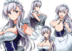 Rule 34 | 1girl, apron, arm guards, arms under breasts, azur lane, belfast (azur lane), blue eyes, blush, braid, breasts, chain, cleavage, closed mouth, collar, collarbone, corset, dress, french braid, frilled sleeves, frills, gloves, koutarou (plusdrive), large breasts, long hair, looking at viewer, maid, maid headdress, multiple views, open mouth, parted lips, sidelocks, silver hair, simple background, smile, white background, white gloves