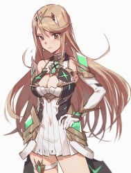 Rule 34 | 1girl, armor, blonde hair, blush, breasts, cleavage, dress, gloves, highres, large breasts, long hair, looking at viewer, mythra (xenoblade), nintendo, solo, tugo, white background, xenoblade chronicles (series), xenoblade chronicles 2, xenoblade chronicles (series), xenoblade chronicles 2, yellow eyes