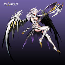 Rule 34 | 1girl, armor, closers, full body, highres, holding, horns, levia (closers), long hair, official art, purple eyes, solo, weapon, white hair, wings