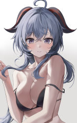 Rule 34 | 1girl, absurdres, ahoge, bare arms, bare shoulders, bikini, black bikini, blue hair, breasts, cleavage, closed mouth, collarbone, ganyu (genshin impact), genshin impact, goat horns, hamong0, hand up, highres, horns, long hair, looking at viewer, medium breasts, purple eyes, simple background, smile, solo, strap slip, string bikini, swimsuit, upper body, white background