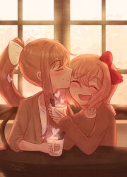 2girls alternate_costume artist_name blush bow brown_hair brown_jacket brown_shirt chair cinnamon_stick closed_eyes closed_mouth coffee coffee_mug commentary cup dated doki_doki_literature_club english_commentary hair_bow hand_on_another&#039;s_shoulder happy highres holding holding_cup indoors jacket long_hair minzzway monika_(doki_doki_literature_club) mug multiple_girls open_clothes open_jacket open_mouth pink_hair ponytail red_bow sayori_(doki_doki_literature_club) shirt short_hair sidelocks sitting smile sparkle steam table white_bow white_shirt window wooden_chair wooden_table yuri