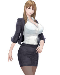 Rule 34 | 1girl, blazer, blue bra, blue eyes, bra, bra visible through clothes, breasts, brown hair, cleavage, collared shirt, dress shirt, female focus, formal, highres, jacket, lace, lace bra, large breasts, looking at viewer, mature female, office lady, open clothes, open jacket, original, pantyhose, parted lips, pencil skirt, pinstripe pattern, pinstripe skirt, pinstripe suit, see-through, shirt, shisshou senkoku, skirt, sleeves rolled up, smile, solo, standing, striped, suit, unbuttoned, underwear, white shirt