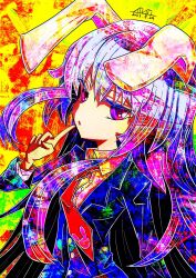Rule 34 | 1girl, animal ears, black jacket, blazer, commentary, dated, highres, index finger raised, iroiroro1616, jacket, long hair, long sleeves, looking at viewer, multicolored background, necktie, one-hour drawing challenge, open mouth, purple eyes, purple hair, rabbit ears, rabbit girl, red necktie, reisen udongein inaba, signature, solo, touhou, upper body