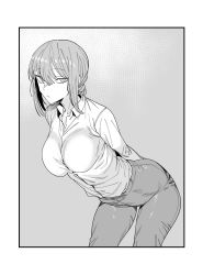 Rule 34 | 1girl, black pants, braid, braided ponytail, breasts, business suit, chainsaw man, collared shirt, formal, greyscale, high-waist pants, highres, long sleeves, looking at viewer, makima (chainsaw man), monochrome, office lady, pants, ringed eyes, shirt, suit, urec, white shirt