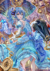 Rule 34 | 1girl, barefoot, bibideba (hololive), black jacket, blue butterfly, blue dress, blue eyes, blue footwear, blue hair, bug, butterfly, chain, cityscape, clock hands, clothes hanger, commentary request, dress, elbow gloves, eyeshadow, from behind, glass slipper, gloves, gold trim, gown, hair between eyes, hair ornament, high heels, highres, holding, holding clothes hanger, hololive, hoshimachi suisei, indoors, insect, jacket, jewelry, lamp, layered dress, light blue hair, looking at viewer, makeup, official alternate costume, puffy sleeves, red eyeshadow, ring, side ponytail, solo, tongue, tongue out, torino aqua, virtual youtuber, white gloves