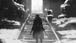 Rule 34 | 1other, ambiguous gender, arms at sides, bloodborne, boots, brown coat, brown headwear, coat, commentary, gloves, greyscale, gun, hat, highres, holding, holding gun, holding sword, holding weapon, hunter (bloodborne), ludwigs holy blade (bloodborne), monochrome, outdoors, scenery, sky, snow, snowing, stairs, standing, sword, tricorne, tripdancer, weapon