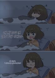 Rule 34 | 1girl, 3koma, absurdres, closed eyes, comic, english text, female focus, highres, indoors, motion blur, motion lines, neqo (neneneqo), open mouth, original, pillow, sleeping, solo, squinting, truth, under covers, waking up, wide-eyed, worried, zzz