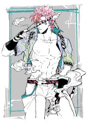 Rule 34 | 1boy, absurdres, alternate hair color, aqua eyes, bad id, bad pixiv id, bare pectorals, battle tendency, blue eyes, caesar anthonio zeppeli, cigarette, cropped jacket, facial mark, feather hair ornament, feathers, fingerless gloves, gloves, green eyes, hair ornament, headband, highres, holding, holding cigarette, jojo no kimyou na bouken, male focus, nail polish, nigelungdayo, no shirt, pectorals, pink hair, smoke, solo, undressing