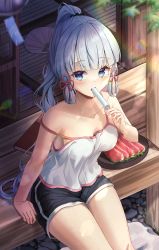 Rule 34 | 1girl, absurdres, alternate costume, arm support, ayaka (genshin impact), black shorts, blue eyes, blunt tresses, blush, breasts, cleavage, collarbone, contemporary, day, food, food in mouth, fruit, genshin impact, hair ribbon, hand fan, hand up, high ponytail, highres, holding, long hair, looking at viewer, medium breasts, mole, mole under eye, monmo mu, outdoors, ponytail, popsicle, popsicle in mouth, ribbon, shirt, short shorts, shorts, sidelocks, sitting, sleeveless, sleeveless shirt, spaghetti strap, strap slip, summer, tank top, thighs, tress ribbon, two-tone shorts, watermelon, watermelon slice, white hair, white shirt, wooden porch