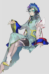Rule 34 | 1other, androgynous, aqua dress, arm support, black hair, blue eyes, detached sleeves, dress, eyelashes, facepaint, facial mark, feet out of frame, flat chest, forehead mark, frills, gnosia, green nails, grey dress, hand up, head wreath, headphones, high heels, highres, kaifei (kaifei 29), leg tattoo, long hair, long sleeves, looking at viewer, makeup, multicolored hair, multicolored sleeves, nail polish, outstretched arm, parted lips, raqio, red hair, shawl, side slit, single detached sleeve, solo, streaked hair, tattoo, wide sleeves, yellow footwear