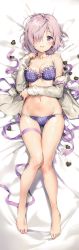 Rule 34 | 1girl, absurdres, alternate costume, anmi, bare legs, bare shoulders, barefoot, bed sheet, blush, bow, bow bra, bra, breasts, candy, chocolate, chocolate heart, dakimakura (medium), fate/grand order, fate (series), feet, food, frilled bra, frills, from above, full body, hair over one eye, heart, highres, huge filesize, large breasts, light purple hair, looking at viewer, lying, mash kyrielight, medium breasts, multi-strapped panties, navel, on back, open clothes, open mouth, panties, plaid, plaid bra, plaid panties, purple bra, purple eyes, purple panties, ribbon, scan, short hair, smile, solo, toes, underwear
