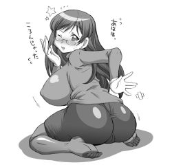 Rule 34 | 1girl, ass, breasts, cameltoe, feet, female focus, glasses, greyscale, huge breasts, long hair, looking back, monochrome, original, pantyhose, satsuki itsuka, sitting, solo, text focus, translated, wink