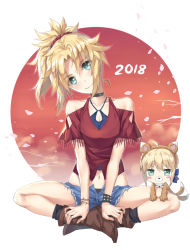 Rule 34 | 2018, 2girls, afterimage, ahoge, animal costume, ankle boots, artoria pendragon (all), artoria pendragon (fate), bare shoulders, black legwear, black panties, blonde hair, blush stickers, boots, bracelet, breasts, brown footwear, buckle, cleavage, closed mouth, clothing cutout, collar, collarbone, dog costume, earrings, fate/grand order, fate (series), fringe trim, full body, green eyes, hair ornament, hair scrunchie, head tilt, indian style, jewelry, looking at viewer, medium breasts, mini person, minigirl, mordred (fate), mordred (fate/apocrypha), motion lines, multiple girls, navel, open fly, panties, panty peek, parted bangs, petals, ponytail, red shirt, saber (fate), scrunchie, shirt, short sleeves, shoulder cutout, sitting, smile, socks, spiked bracelet, spikes, tail, tail wagging, tonee, underwear