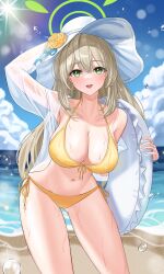 Rule 34 | 1girl, :d, absurdres, bikini, blonde hair, blue archive, blue sky, breasts, cloud, contrapposto, cowboy shot, day, flower, gluteal fold, green eyes, hat, hat flower, highres, holding, holding swim ring, innertube, large breasts, leaning forward, long hair, navel, nonomi (blue archive), nonomi (swimsuit) (blue archive), nyanbutter, open mouth, outdoors, see-through, see-through shirt, shirt, side-tie bikini bottom, sky, smile, stomach, sun hat, sunlight, swim ring, swimsuit, thighs, very long hair, wet, white shirt, yellow bikini