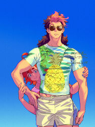 1boy 1girl blue_eyes blue_nails blue_shirt blue_shorts brown_hair brown_shorts cowboy_shot cowlick frown guel_jeturk gundam gundam_suisei_no_majo hair_behind_ear hand_on_another&#039;s_arm highres ivy_hermit looking_at_viewer looking_to_the_side medium_hair mole mole_under_eye pink_hair print_shirt red_hair shirt shorts sky smile suletta_mercury sunglasses thick_eyebrows translation_request