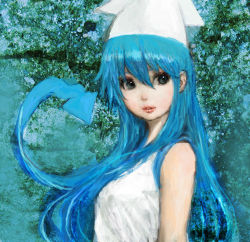 Rule 34 | 1girl, blue hair, grey eyes, ikamusume, lips, long hair, ponsuke (pon00000), realistic, shinryaku! ikamusume, solo, tentacles, tentacle hair
