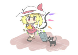 Rule 34 | 1girl, absurdres, ascot, black cat, blonde hair, boots, cat, chibi, commentary request, flandre scarlet, goma (gomasamune), hat, hat ribbon, highres, puffy short sleeves, puffy sleeves, red eyes, ribbon, rolling suitcase, short sleeves, side ponytail, skirt, suitcase, touhou, twitter username, wings