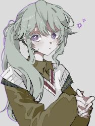 Rule 34 | 1girl, bad id, bad twitter id, blush, brown shirt, collared shirt, colored eyelashes, commentary, green hair, grey background, highres, kusanagi nene, long hair, long sleeves, looking at viewer, own hands together, parted lips, project sekai, purple eyes, shirt, side ponytail, sidelocks, simple background, solo, sweater vest, symbol-only commentary, tabun ningen, upper body, white sweater vest, zozotown