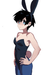 Rule 34 | 1girl, absurdres, angry, animal ears, bare shoulders, black hair, black leotard, blue eyes, blue pantyhose, blush, breasts, cleavage, collarbone, covered navel, dragon ball, dragonball z, earrings, fake animal ears, fake tail, hands on own hips, highres, jewelry, leotard, looking at viewer, pantyhose, playboy bunny, rabbit ears, rabbit tail, sho-n-d, short hair, simple background, small breasts, solo, strapless, strapless leotard, tail, videl, white background