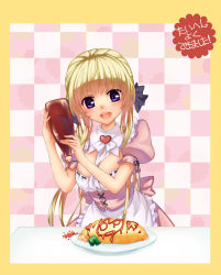 Rule 34 | 1girl, blonde hair, blush, border, breasts, checkered background, food, heart, kawagoe pochi, long hair, maid, medium breasts, omelet, omurice, open mouth, purple eyes, smile, solo, tsukuyomi ai, very long hair, vocaloid, voiceroid