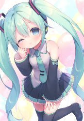 Rule 34 | 1girl, ;), balloon, bare shoulders, black footwear, black skirt, black sleeves, blue eyes, boots, bow, closed mouth, collared shirt, commentary request, detached sleeves, frilled sleeves, frills, green bow, green hair, green necktie, grey shirt, hair between eyes, hand up, hatsune miku, heart, heart-shaped pupils, highres, long hair, long sleeves, looking at viewer, necktie, one eye closed, pleated skirt, shirt, skirt, sleeveless, sleeveless shirt, sleeves past wrists, smile, solo, symbol-shaped pupils, thigh boots, tie clip, twintails, usashiro mani, very long hair, vocaloid, wide sleeves