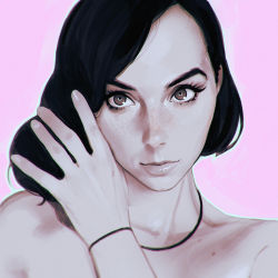 Rule 34 | 1girl, adjusting hair, bad id, bad tumblr id, black hair, bracelet, brown eyes, female focus, freckles, ilya kuvshinov, jewelry, long hair, looking at viewer, necklace, pink background, portrait, real life, realistic, simple background, solo, topless frame, upper body