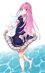 1girl, absurdres, ahoge, alternate hairstyle, anchor print, anchor symbol, ass, bangs, bare legs, barefoot, blue dress, blue hair, blush, bow, braid, closed mouth, colored inner hair, commentary, dress, dress bow, feet, frilled dress, frills, from behind, hair down, half updo, highres, hitsujisnow, hololive, legs, long hair, looking back, looking to the side, maid headdress, minato aqua, multicolored hair, puffy short sleeves, puffy sleeves, purple eyes, purple hair, short dress, short sleeves, side braid, sidelocks, skin tight, skirt hold, smile, solo, streaked hair, swept bangs, two-tone hair, virtual youtuber, wading, water, wet, wet clothes, wet dress, white bow, wrist cuffs