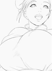 Rule 34 | 10s, 1girl, animated, animated gif, blinking, bouncing breasts, breasts, bun cover, capcom, china dress, chinese clothes, chun-li, close-up, covered erect nipples, double bun, dress, female focus, hair bun, large breasts, lineart, looping animation, monochrome, nipples, no bra, open mouth, puffy short sleeves, puffy sleeves, redlight, short sleeves, smile, solo, street fighter, bouncing breasts, third-party edit, upper body