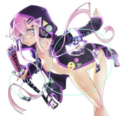 Rule 34 | 1girl, breasts, female focus, glasses, green eyes, hair ornament, hairclip, headphones, highres, holding, holding sword, holding weapon, hood, hoodie, katana, leaning forward, naked hoodie, open clothes, original, pink hair, sakuya tsuitachi, short hair with long locks, sidelocks, simple background, skinny, small breasts, solo, sword, thigh gap, weapon, white background