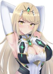 Rule 34 | 1girl, absurdres, armpits, arms behind head, blonde hair, blush, breasts, cleavage, cleavage cutout, clothing cutout, highres, large breasts, latte, looking at viewer, mythra (xenoblade), solo, sweat, xenoblade chronicles (series), xenoblade chronicles 2, yellow eyes
