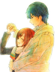 Rule 34 | 1boy, 1girl, blue hair, bob cut, brown hair, couple, from side, hand up, height difference, hetero, holding hands, hug, hug from behind, laughing, long sleeves, looking at another, looking away, looking down, nishii (pixiv4603624), outstretched arm, profile, protagonist (tokimemo gs2), scarf, shared clothes, shared coat, shiba katsumi, short hair, simple background, sweater, tokimeki memorial, tokimeki memorial girl&#039;s side 2nd kiss, upper body, white background